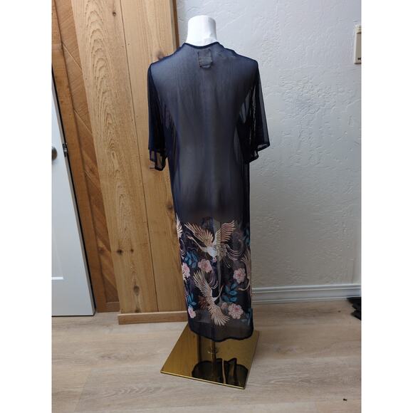 Haute Project Women’s Cover Up Maxi Blue Mesh Japanese Cranes Short Sleeve Small - Picture 6 of 8